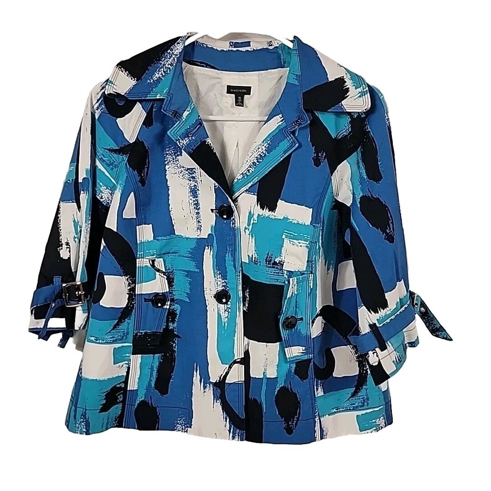 Madison Blazer Womens Small Multicolor Teal, Blue, Black, and White 3 button
